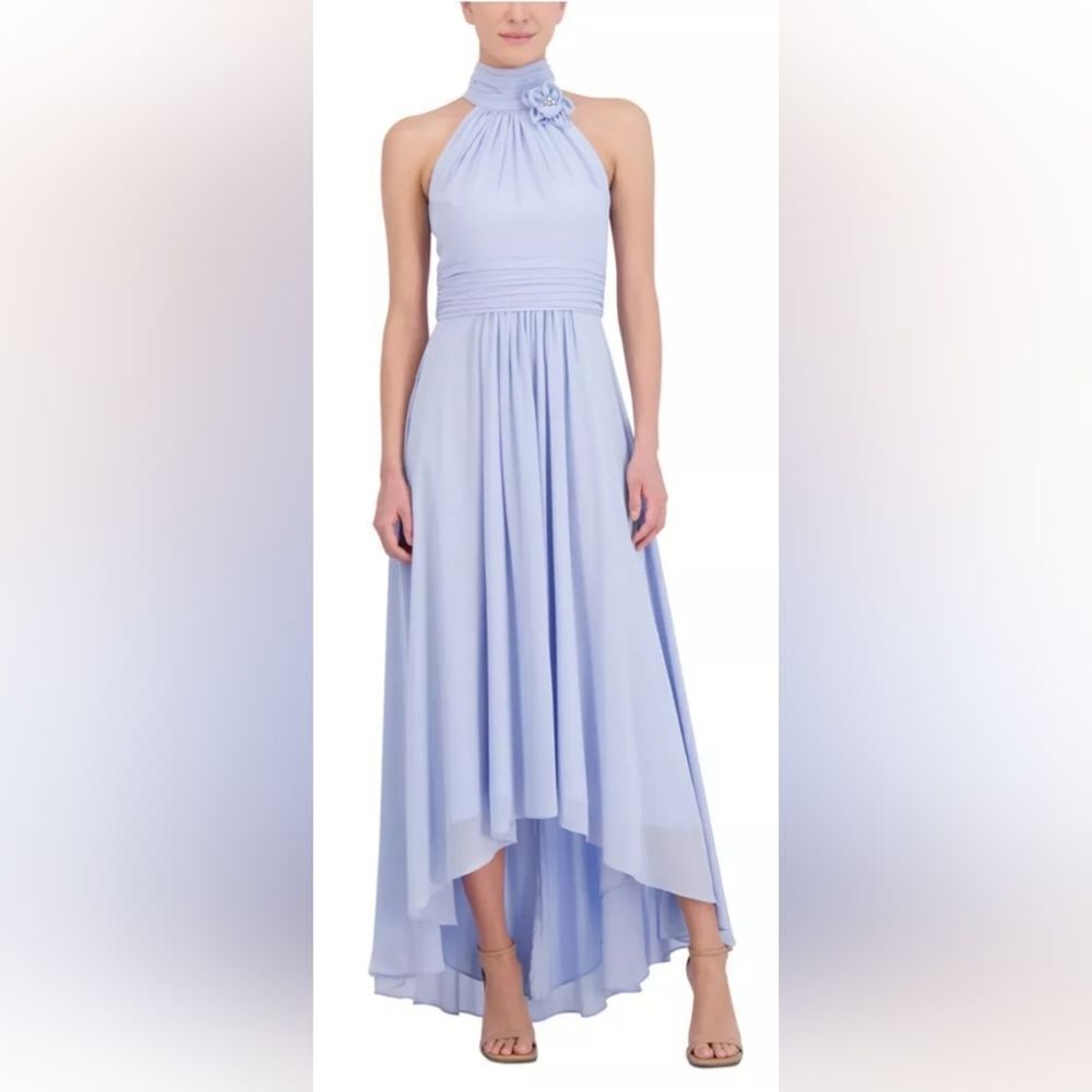 Eliza J halter-neck dress w/ruched waist floral detail NWT Size 6P Light Blue